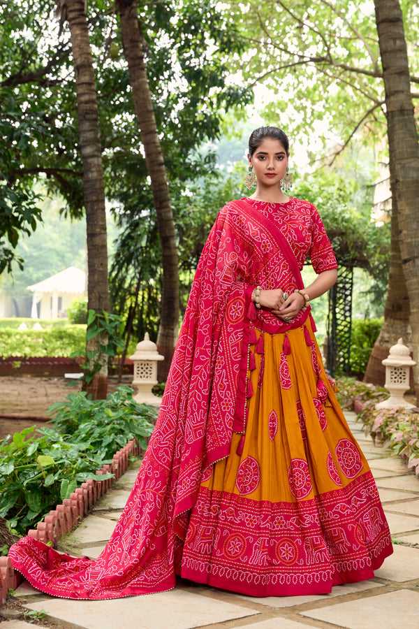 Doli - Tussar Silk Bandhej Print Mustard Lehenga Choli Set - JMS Studio