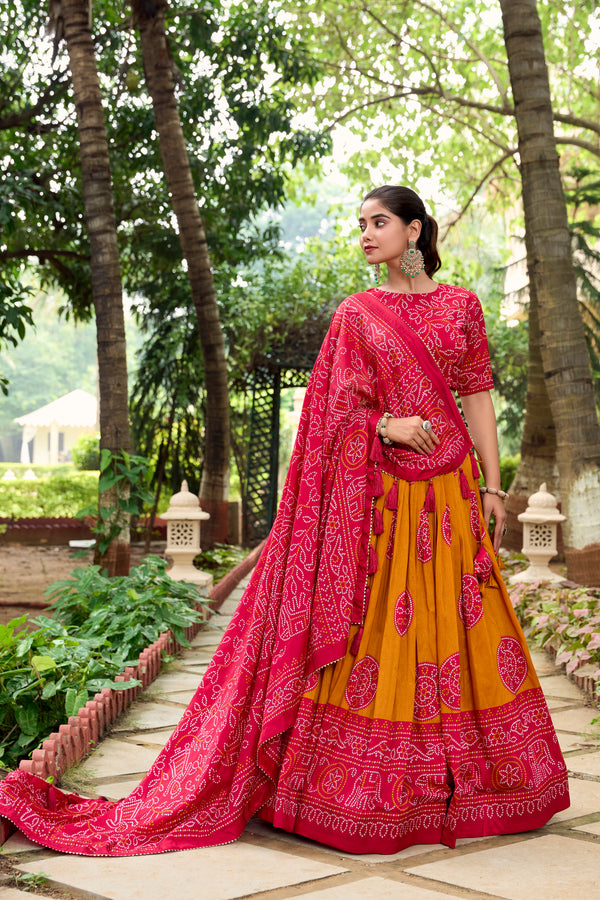 Doli - Tussar Silk Bandhej Print Mustard Lehenga Choli Set - JMS Studio