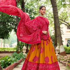 Doli - Tussar Silk Bandhej Print Mustard Lehenga Choli Set - JMS Studio