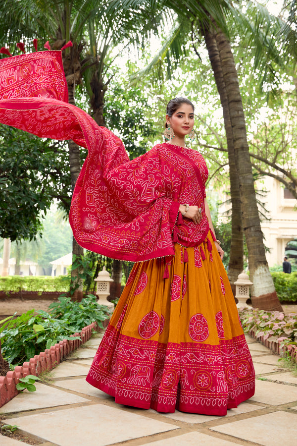 Doli - Tussar Silk Bandhej Print Mustard Lehenga Choli Set - JMS Studio