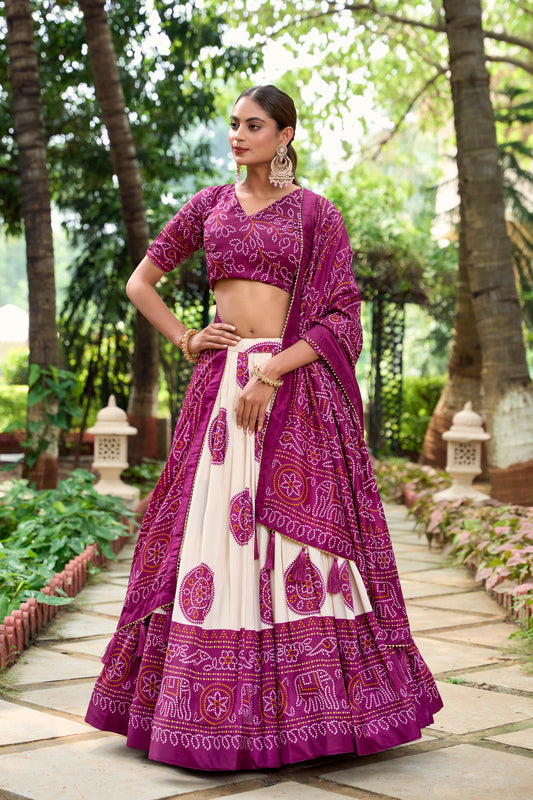 Doli - Tussar Silk Bandhej Print Purple Lehenga Choli Set - JMS Studio