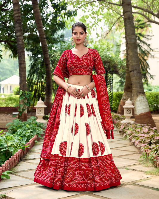 Doli - Tussar Silk Bandhej Print Red Lehenga Choli Set - JMS Studio