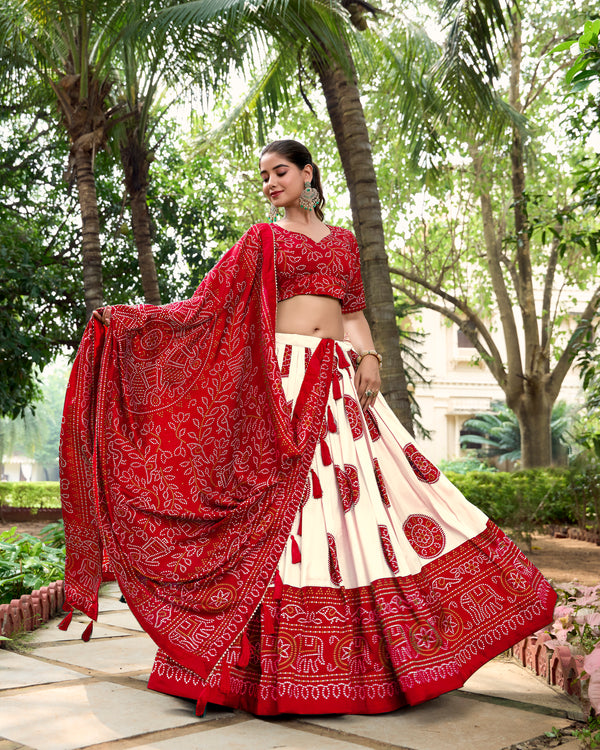 Doli - Tussar Silk Bandhej Print Red Lehenga Choli Set - JMS Studio