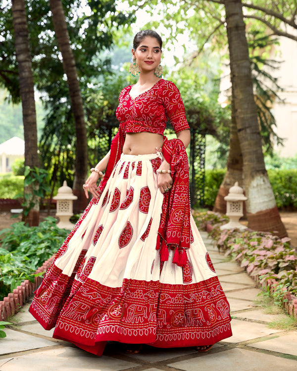 Doli - Tussar Silk Bandhej Print Red Lehenga Choli Set - JMS Studio