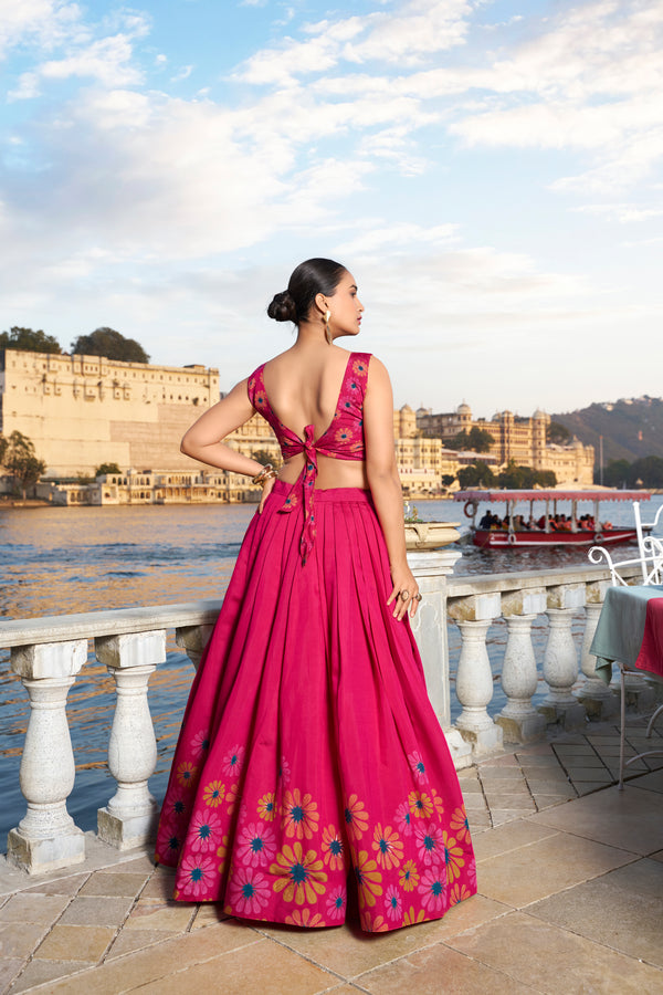 Doli - Tussar Silk Floral Print with Foil Work Pink Lehenga Choli Set - JMS Studio