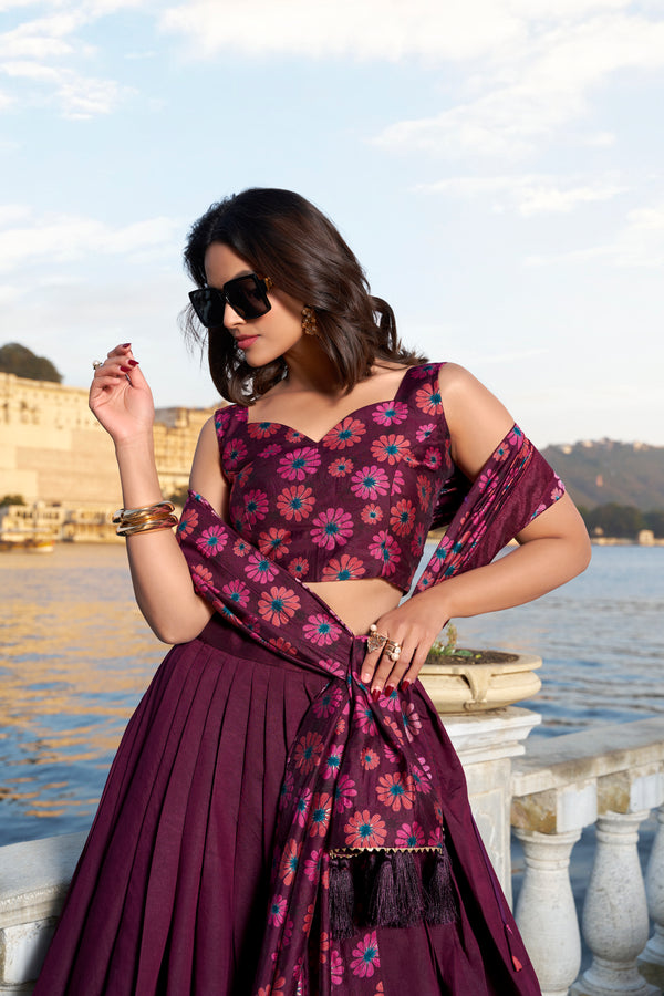 Doli - Tussar Silk Floral Print with Foil Work Wine Lehenga Choli Set - JMS Studio