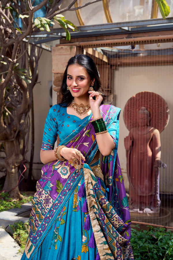 Doli - Tussar Silk Kalamkari with Foil Work Ferozi Lehenga Choli Set - JMS Studio