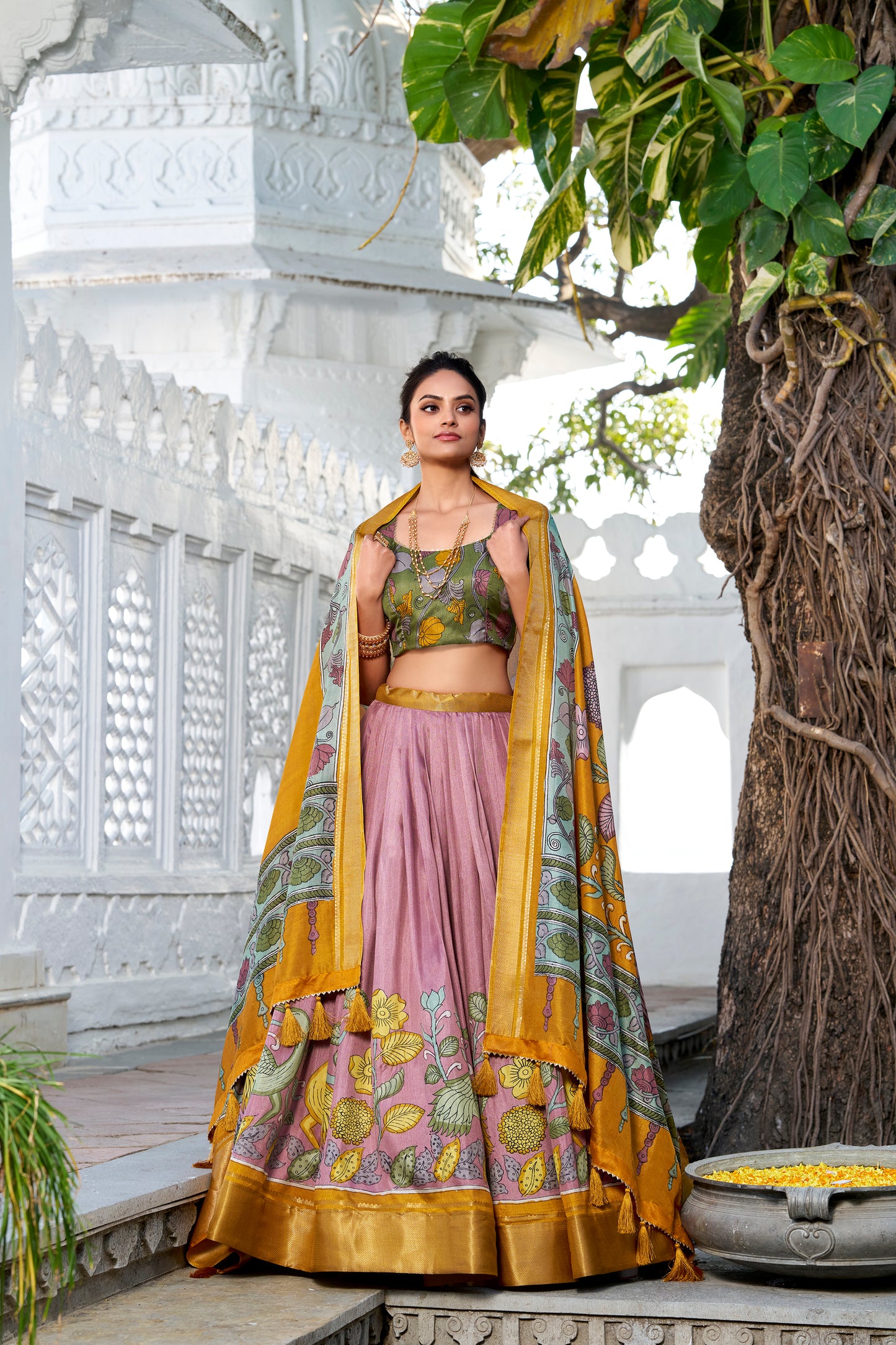 Doli - Kalamkari Print Dola Silk Onion Pink Multicolor Lehenga Set