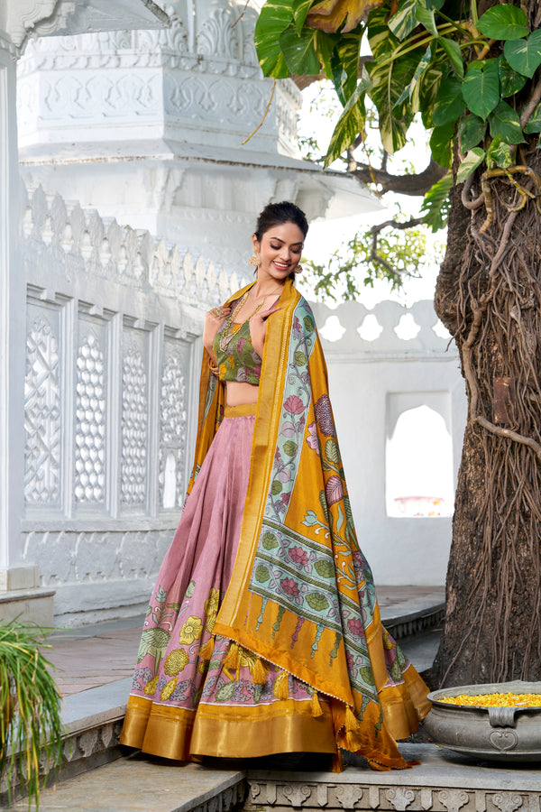 Doli - Kalamkari Print Dola Silk Onion Pink Multicolor Lehenga Set - JMS Studio