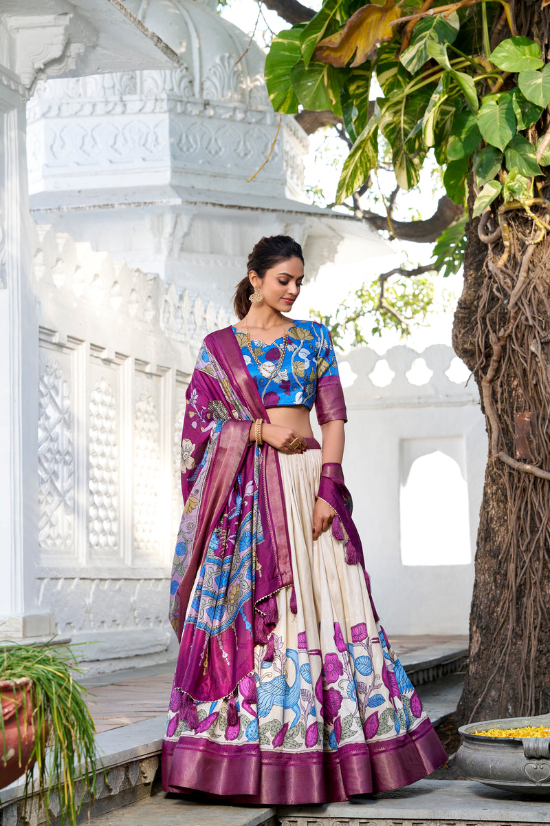 Doli - Kalamkari Print Dola Silk Off White Lehenga Set - JMS Studio