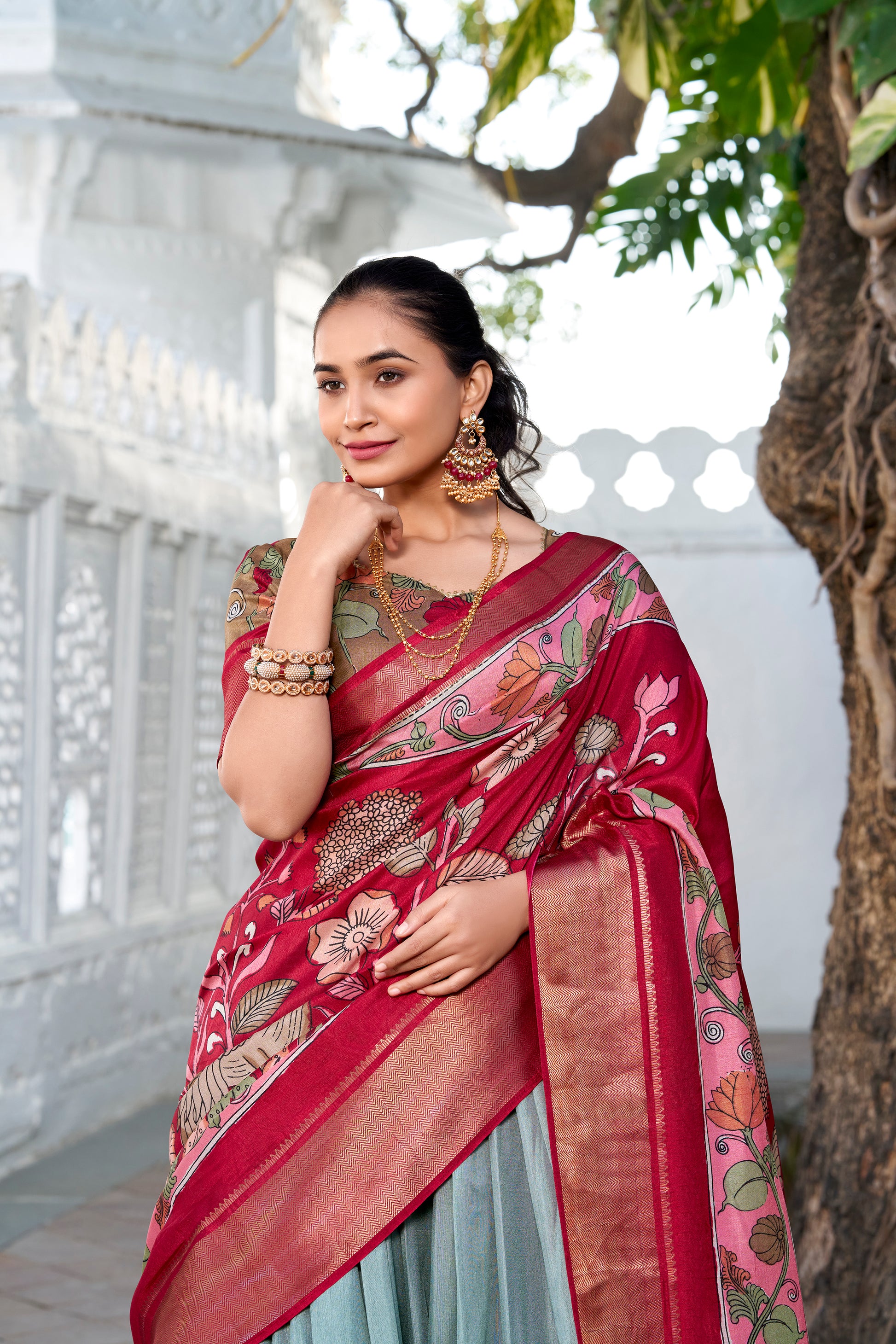 Doli - Kalamkari Print Dola Silk Powder Blue Lehenga Set - JMS Studio