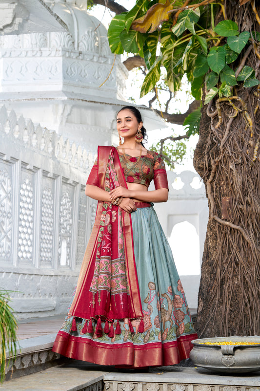 Doli - Kalamkari Print Dola Silk Powder Blue Lehenga Set