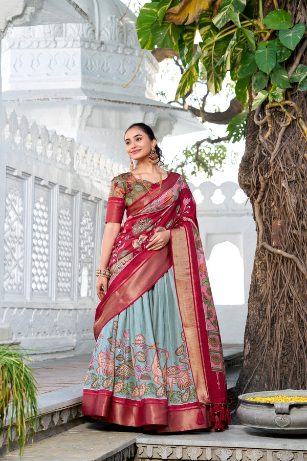 Doli - Kalamkari Print Dola Silk Powder Blue Lehenga Set - JMS Studio