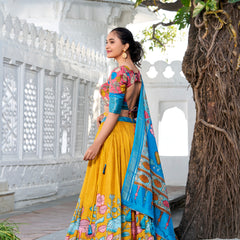 Doli - Kalamkari Print Dola Silk Yellow Blue Lehenga Set - JMS Studio