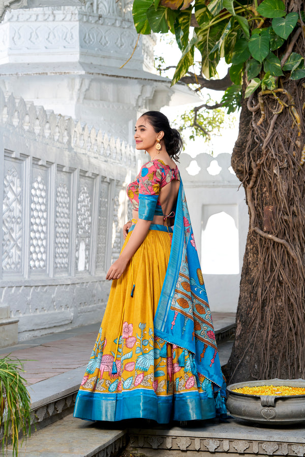 Doli - Kalamkari Print Dola Silk Yellow Blue Lehenga Set - JMS Studio