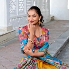 Doli - Kalamkari Print Dola Silk Yellow Blue Lehenga Set - JMS Studio