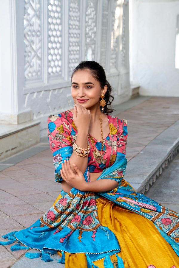 Doli - Kalamkari Print Dola Silk Yellow Blue Lehenga Set - JMS Studio