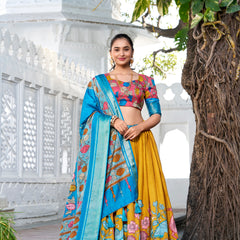 Doli - Kalamkari Print Dola Silk Yellow Blue Lehenga Set - JMS Studio