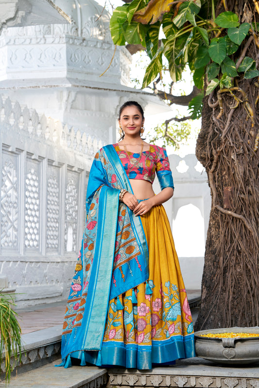 Doli - Kalamkari Print Dola Silk Yellow Blue Lehenga Set