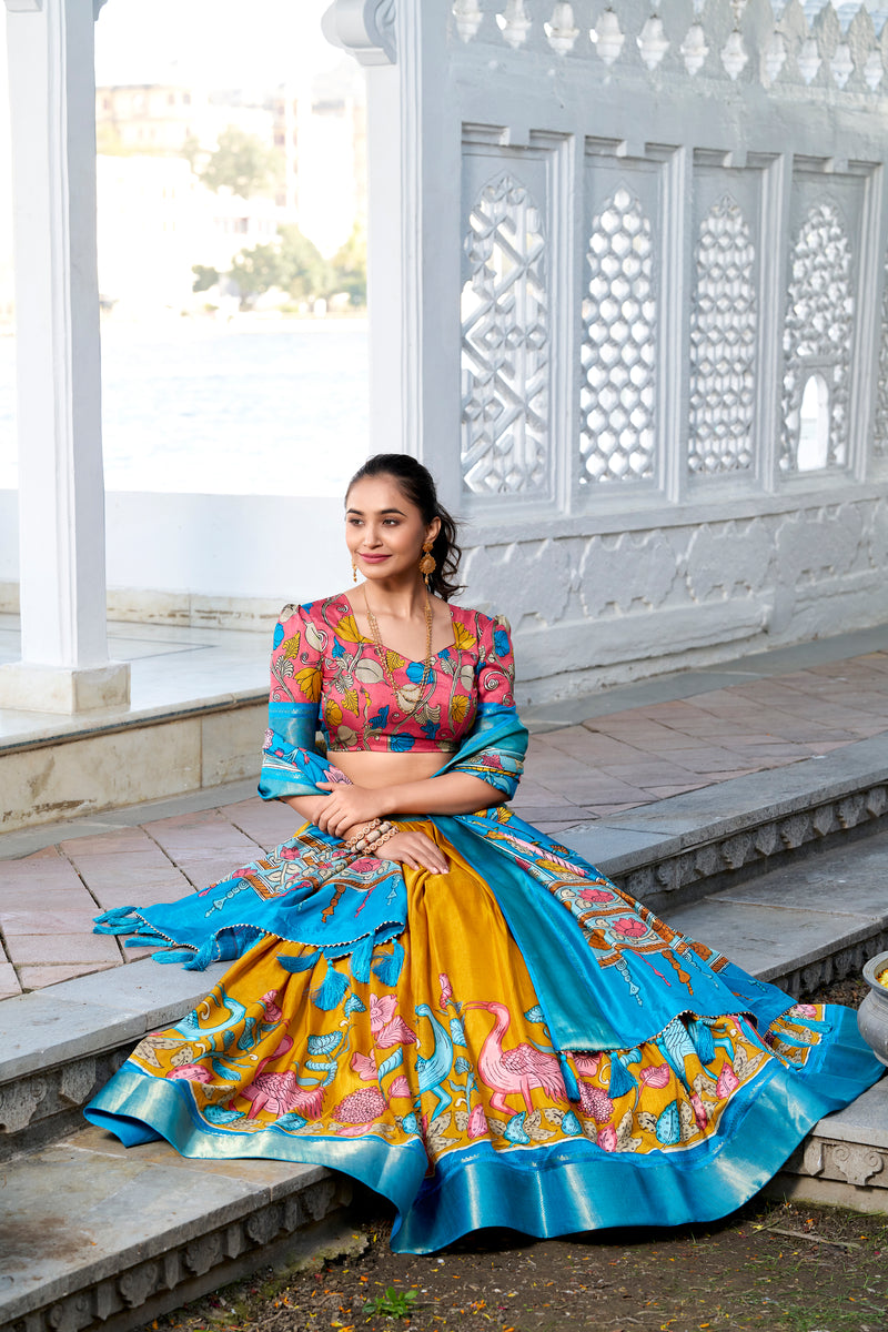 Doli - Kalamkari Print Dola Silk Yellow Blue Lehenga Set - JMS Studio