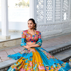 Doli - Kalamkari Print Dola Silk Yellow Blue Lehenga Set - JMS Studio