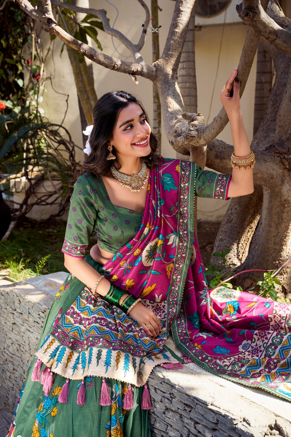 Doli - Tussar Silk Kalamkari with Foil Work Mehndi Lehenga Choli Set - JMS Studio