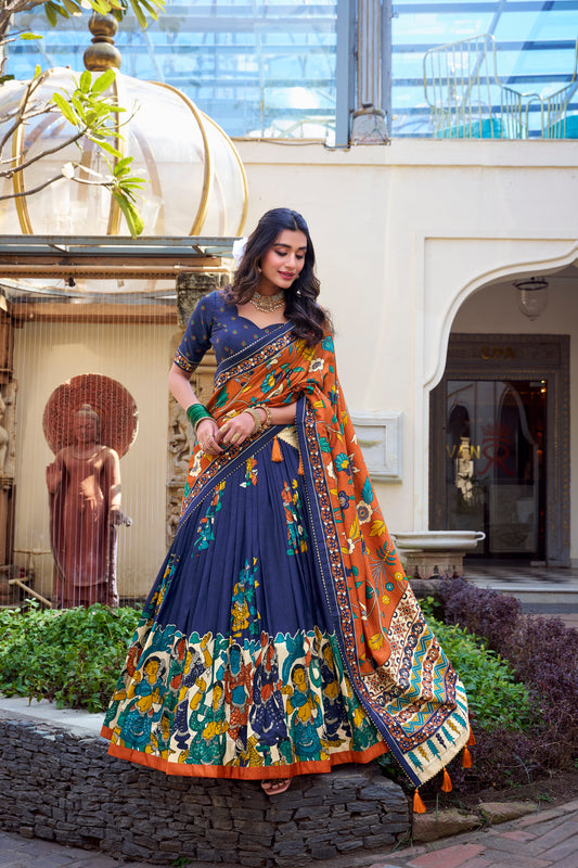 Doli - Tussar Silk Kalamkari with Foil Work Navy Blue Lehenga Choli Set - JMS Studio