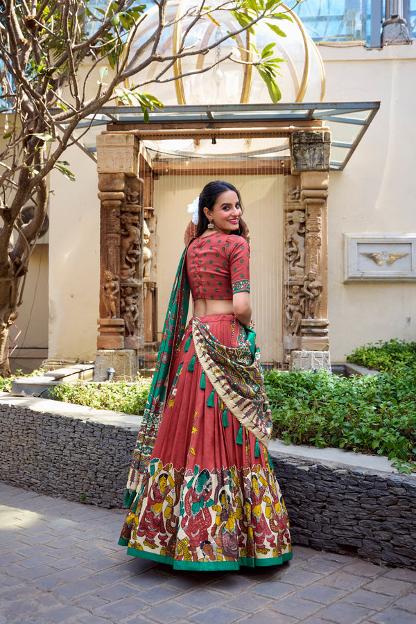 Doli - Tussar Silk Kalamkari with Foil Work Salmon Lehenga Choli Set - JMS Studio