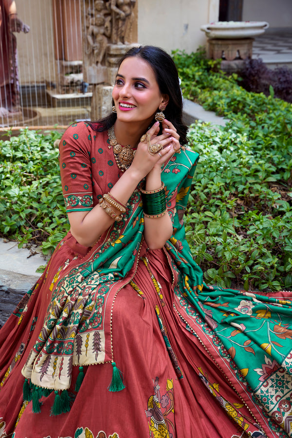 Doli - Tussar Silk Kalamkari with Foil Work Salmon Lehenga Choli Set - JMS Studio