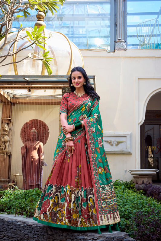 Doli - Tussar Silk Kalamkari with Foil Work Salmon Lehenga Choli Set - JMS Studio