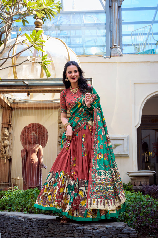 Doli - Tussar Silk Kalamkari with Foil Work Salmon Lehenga Choli Set - JMS Studio