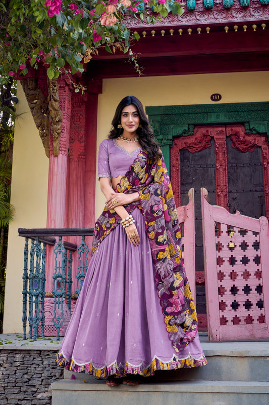 Doli - Vichitra Silk Sequins and Thread Embroidery Work with Kalamkari Print Border Lavender Lehenga Choli - JMS Studio