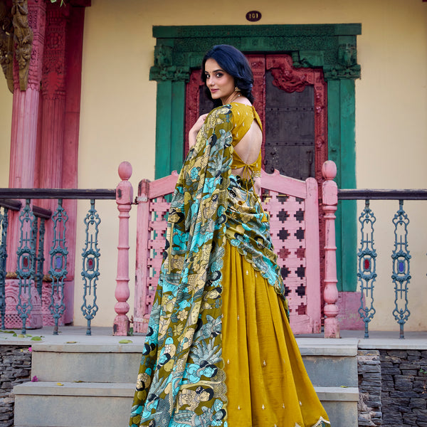 Doli - Vichitra Silk Sequins and Thread Embroidery Work with Kalamkari Print Border Mustard Lehenga Choli - JMS Studio