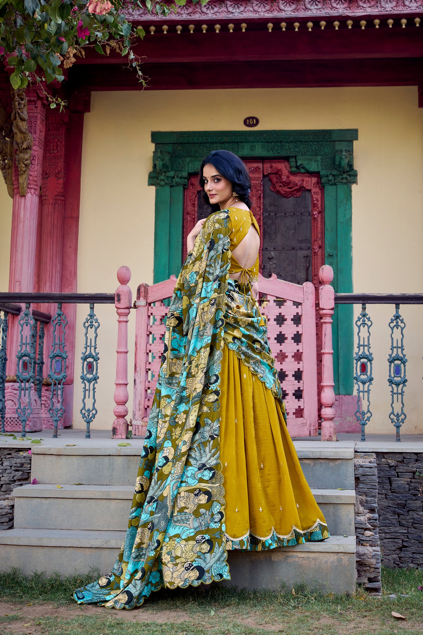 Doli - Vichitra Silk Sequins and Thread Embroidery Work with Kalamkari Print Border Mustard Lehenga Choli - JMS Studio