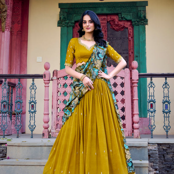 Doli - Vichitra Silk Sequins and Thread Embroidery Work with Kalamkari Print Border Mustard Lehenga Choli - JMS Studio