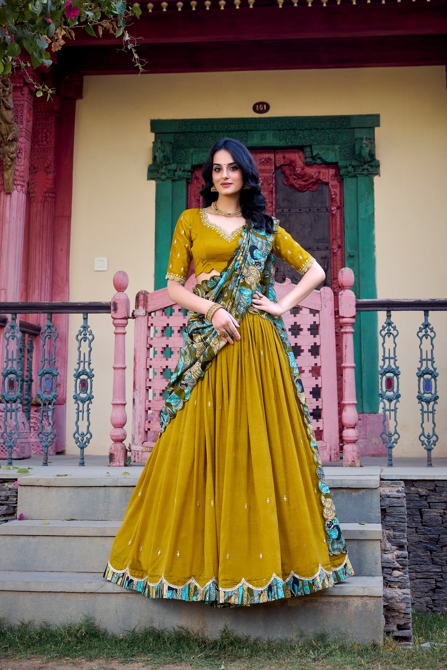 Doli - Vichitra Silk Sequins and Thread Embroidery Work with Kalamkari Print Border Mustard Lehenga Choli - JMS Studio
