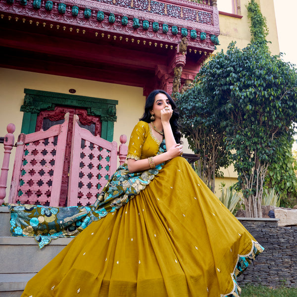 Doli - Vichitra Silk Sequins and Thread Embroidery Work with Kalamkari Print Border Mustard Lehenga Choli - JMS Studio
