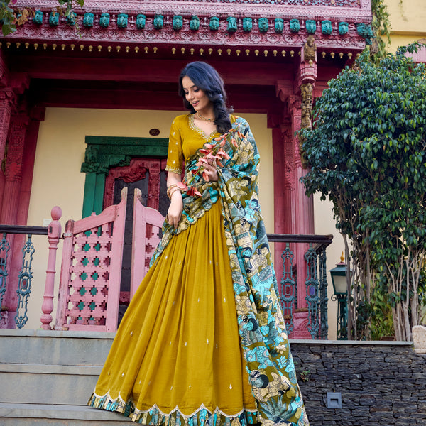 Doli - Vichitra Silk Sequins and Thread Embroidery Work with Kalamkari Print Border Mustard Lehenga Choli - JMS Studio
