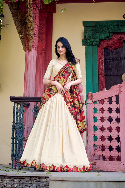 Doli - Vichitra Silk Sequins and Thread Embroidery Work with Kalamkari Print Border Off White Lehenga Choli - JMS Studio