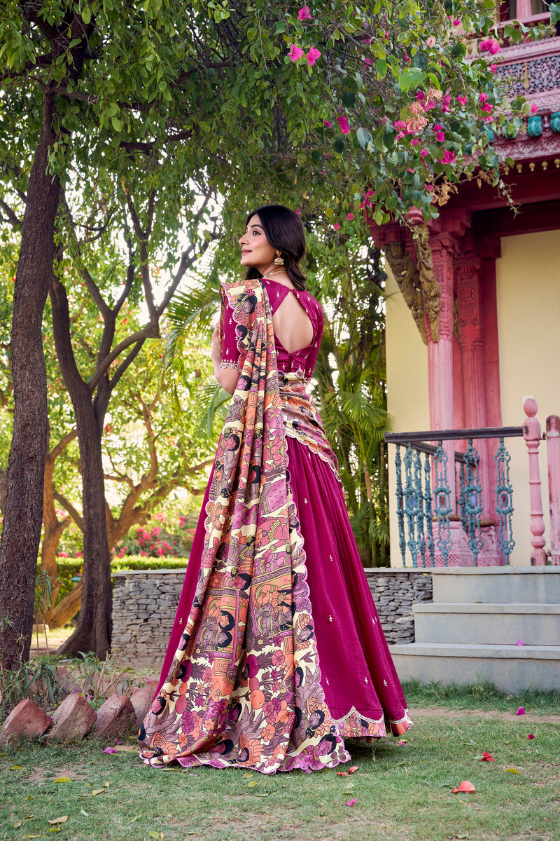 Doli - Vichitra Silk Sequins and Thread Embroidery Work with Kalamkari Print Border Pink Lehenga Choli - JMS Studio