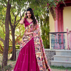 Doli - Vichitra Silk Sequins and Thread Embroidery Work with Kalamkari Print Border Pink Lehenga Choli - JMS Studio