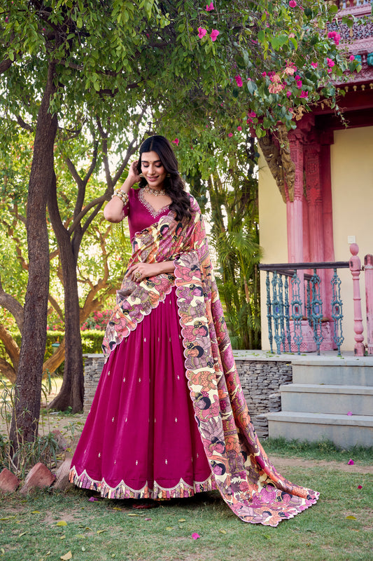 Doli - Vichitra Silk Sequins and Thread Embroidery Work with Kalamkari Print Border Pink Lehenga Choli - JMS Studio