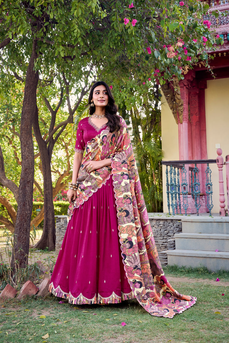 Doli - Vichitra Silk Sequins and Thread Embroidery Work with Kalamkari Print Border Pink Lehenga Choli - JMS Studio