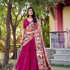Doli - Vichitra Silk Sequins and Thread Embroidery Work with Kalamkari Print Border Pink Lehenga Choli - JMS Studio