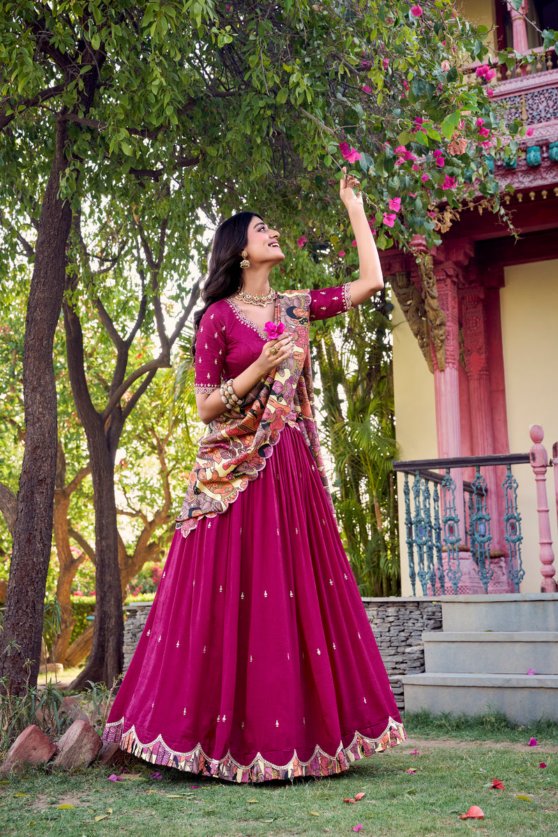 Doli - Vichitra Silk Sequins and Thread Embroidery Work with Kalamkari Print Border Pink Lehenga Choli - JMS Studio