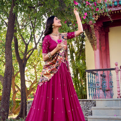 Doli - Vichitra Silk Sequins and Thread Embroidery Work with Kalamkari Print Border Pink Lehenga Choli - JMS Studio