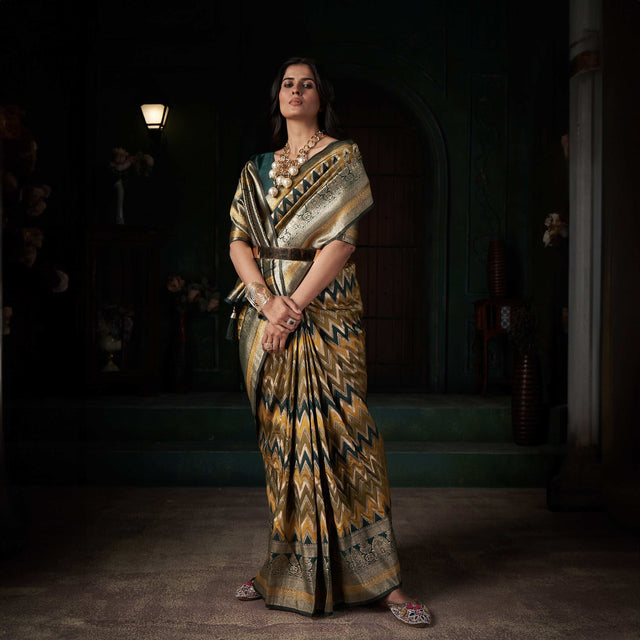 Gold-toned silk saree with zigzag chevron weave and ornate silver border, draped on model