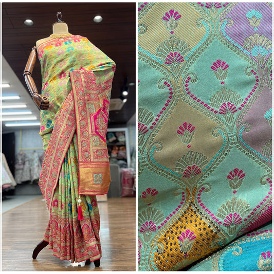 JMS_Studio Coloful Banrasi Silk Woven Saree with Swaroski Embellishments - JMS Studio