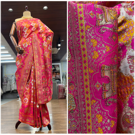 JMS_Studio Coloful Banrasi Silk Woven Saree with Swaroski Embellishments - JMS Studio