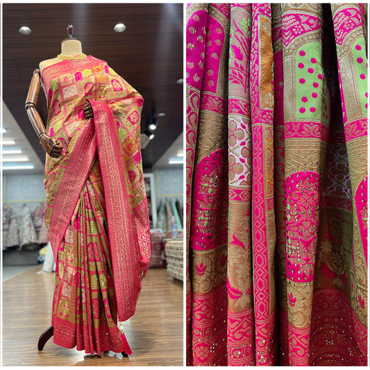 JMS_Studio Coloful Banrasi Silk Woven Saree with Swaroski Embellishments - JMS Studio